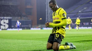 Jamie Gittens celebrates his first-half finish on Wednesday.