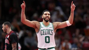 Jayson Tatum #0 of the Boston Celtics reacts against the Chicago Bulls during the fourth quarter of the Emirates NBA Cup game at the United Center on November 29, 2024 in Chicago, Illinois.