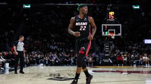 Jimmy Butler #22 of the Miami Heat looks on during the second quarter against the Indiana Pacers at Kaseya Center on January 02, 2025 in Miami, Florida.