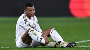 Opta Photo : Kylian Mbappe goes down injured against Atalanta in the Champions League