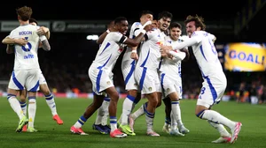 Leeds United's players celebrate Pascal Struijk's goal