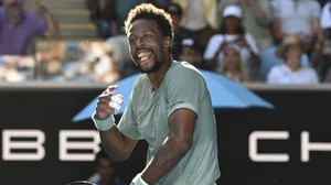 Gael Monfils dances after his win over Taylor Fritz