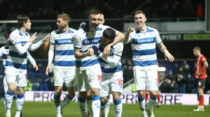 Morgan Fox and his team-mates celebrate QPR's bizarre winner on Monday