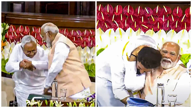 PM Modi with Nitish Kumar (L) and Chirag Paswan during the NDA Parliamentary meet on Friday, June 7 - PTI