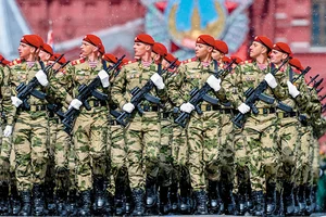 Photo: Getty Images : The Long March: Ceremonial soldiers parade during the 79th anniversary of the Victory Day at the Red Square in Moscow