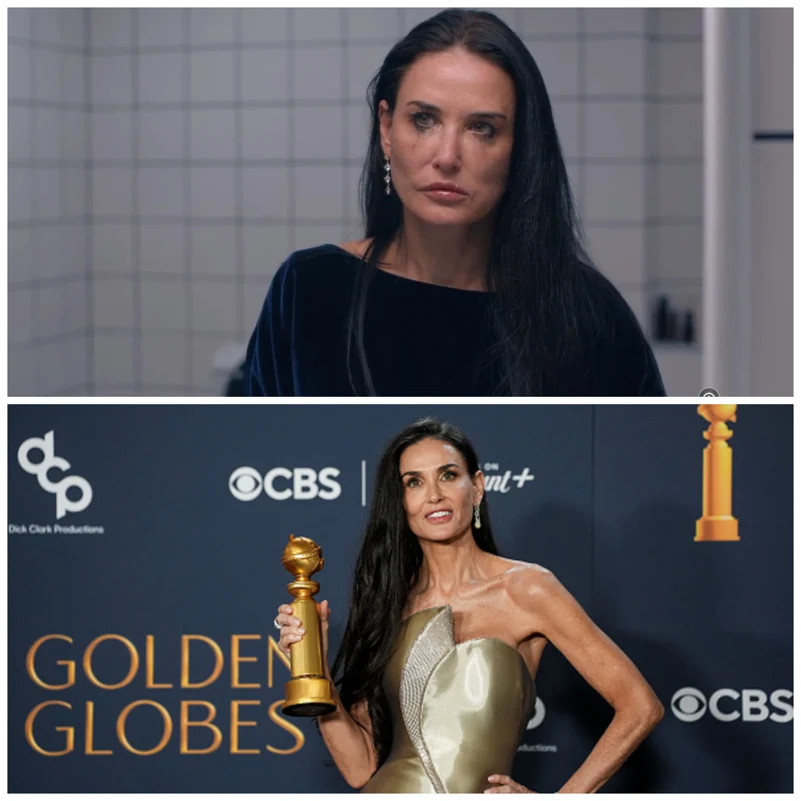 Demi Moore in The Substance and at the Golden Globes Awards, 2025