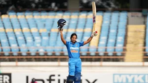 Photo: X | BCCI Women : India's Pratika Rawal after hitting her maiden WODI century against Ireland in Rajkot.