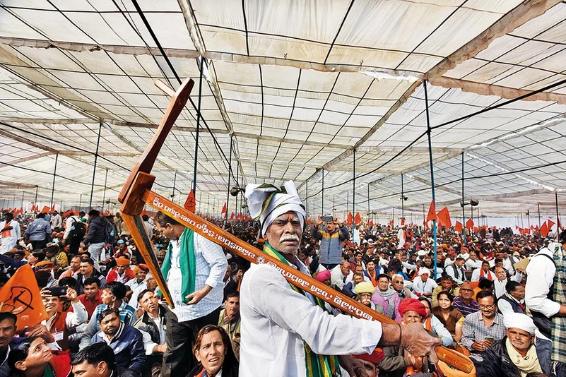 Farmers from different states gather at the Ramlila Ground in Delhi.