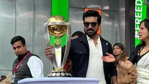 Screengrab : Indian actor Ram Charan poses with the ODI World Cup trophy in Melbourne.