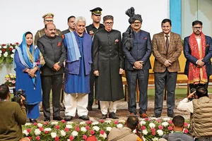 Photo: PTI : Ready for Action?: Omar Abdullah (fourth from left) at the swearing-in ceremony of the new J&K government in Srinagar on October 16, 2024