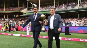 Photo: X | Ravi Shastri : Former India cricketer and head coach Ravi Shastri presenting BGT with Mark Taylor in Sydney.