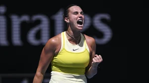 Aryna Sabalenka celebrates her win over Mirra Andreeva.