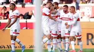 Stuttgart's players celebrate Deniz Undav's opener on Sunday