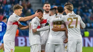 Stuttgart celebrate a goal against Slovan Bratislava