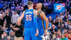 Jaylin Williams #6 and Isaiah Hartenstein #55 of the Oklahoma City Thunder react after a play during the third quarter against the Los Angeles Clippers at Paycom Center on January 2, 2025 in Oklahoma City, Oklahoma